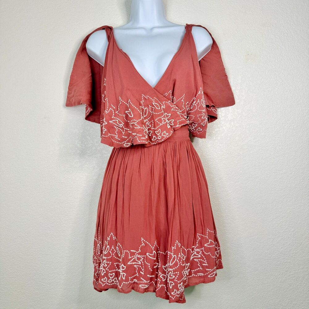 Free People Sylvia Beaded Embroidered Mini Wrap Dress Terracotta Rust Size S